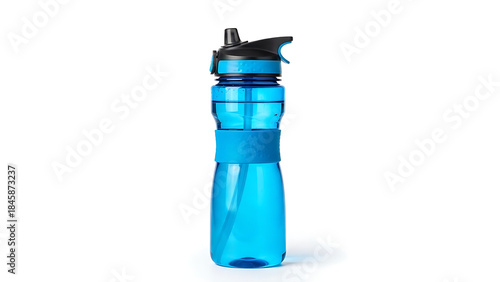 Blue plastic sports water bottle with black lid and handle on white background