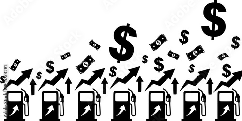 Rising fuel prices depicted with gas pump icons and dollars vector silhouette illustration isolated on white background
