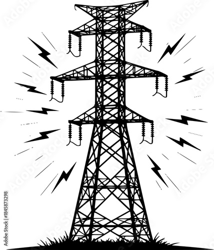 High-voltage electricity pylon icon, power grid, energy transmission vector silhouette illustration isolated on white background
