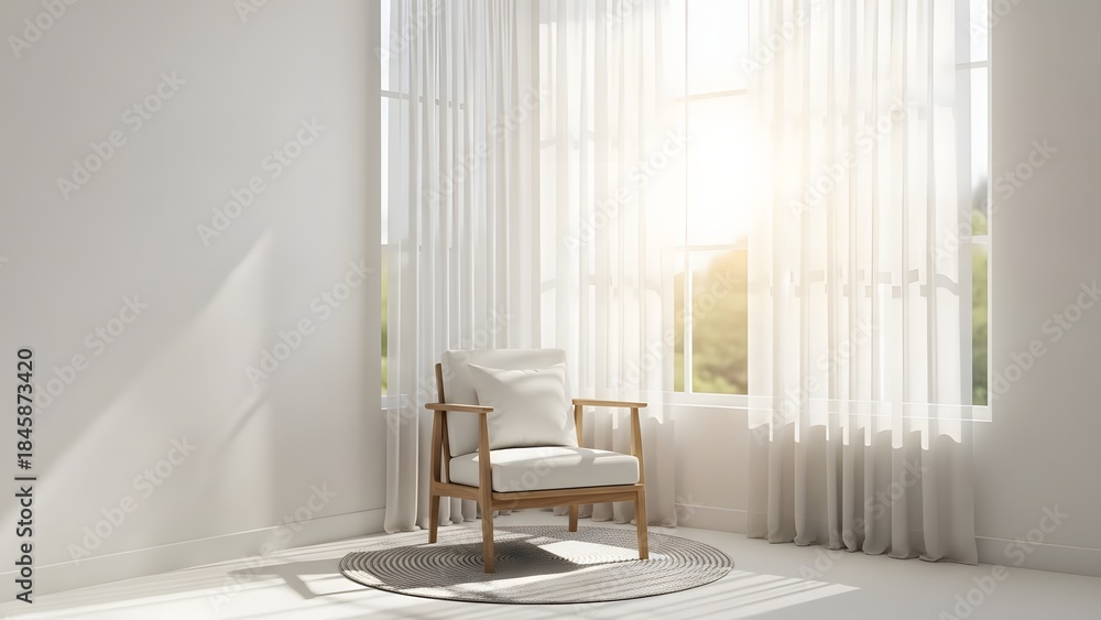 Fototapeta premium Cozy living room interior with white armchair and wooden frame on sheer curtain background