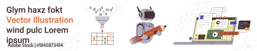 Data processing, automation, machine learning, digital workflow, AI integration, online tools. Funnel filtering data, robot holding pencil laptop interface display. Data processing and automation