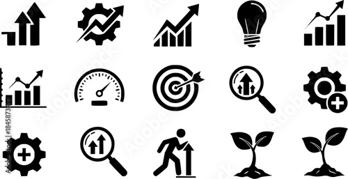 Business modeling icons set in black and blue colors on white background
