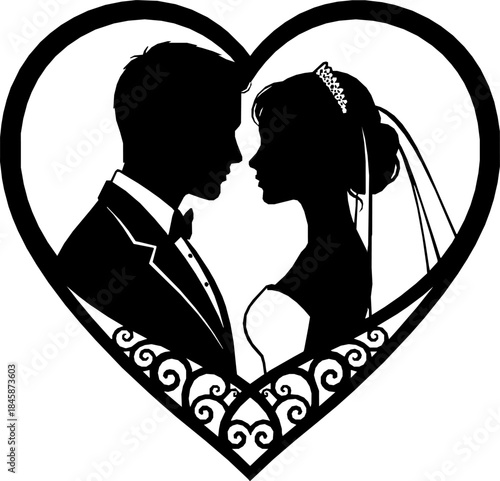 Laser cut template of male and female silhouette opposite each other. Couple in love. Bride and groom in heart frame for wedding invitation card or table topper. Faces in profile at Valentine's day.