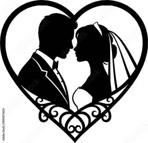 Laser cut template of male and female silhouette opposite each other. Couple in love. Bride and groom in heart frame for wedding invitation card or table topper. Faces in profile at Valentine's day.