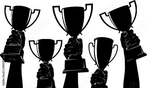 Five hands holding up trophies celebrating victory and achievement silhouette
