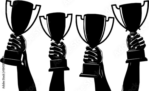 Five hands holding up trophies celebrating victory and achievement silhouette
