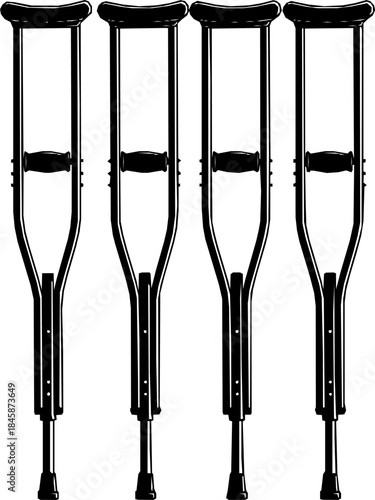 Four identical medical crutches shown in a clean silhouette against a white background
