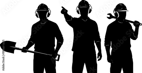 Three construction workers wearing hard hats and ear protection silhouette
