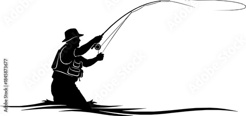 Fly fisherman fishing. graphic fly fishing. clip art black fishing on white background - Vector
