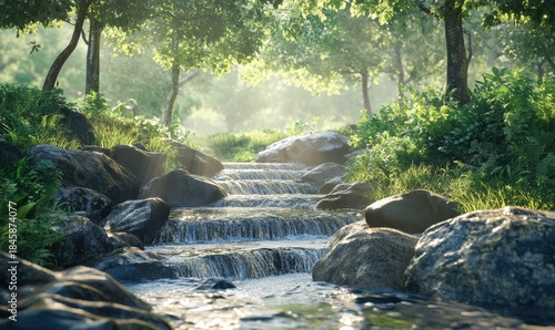 Scenic forest stream flowing gently over smooth rocks, surrounded by lush greenery and soft sunlight filtering through the trees, peaceful nature retreat,