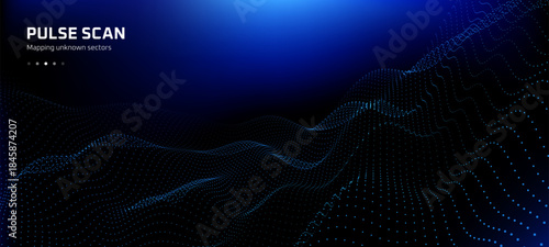 Blue abstract digital wave of particles on dark background. Futuristic point matrix for data visualization. Dynamic cyber technology concept.