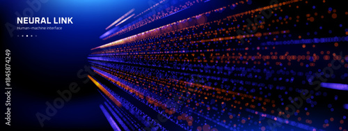 Neural link human-machine interface with digital data lines, representing artificial intelligence and advanced computer technology.