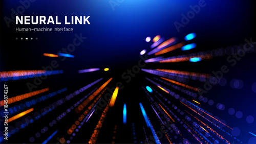 NEURAL LINK human-machine interface with futuristic glowing light lines. Digital abstract technology background for data presentation.