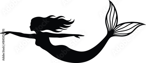 Black silhouette illustration of a mermaid swimming with long flowing hair and detailed tail fins, perfect for fantasy, folklore, and decorative design
