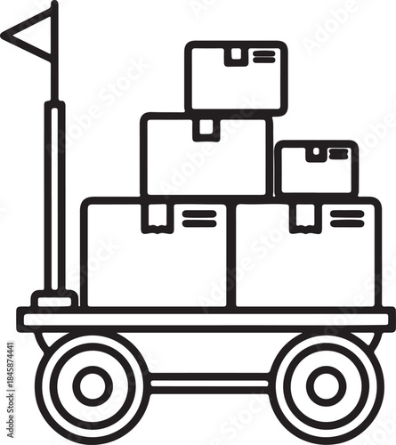 Black and white line drawing of stacked boxes on a cart with a flag