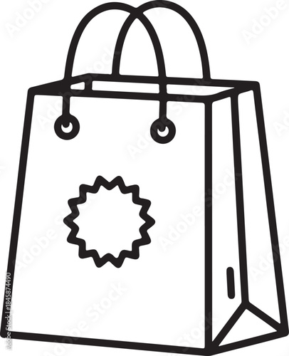 Black line drawing of a shopping bag with a starburst design