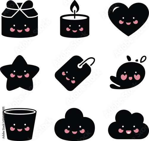 A collection of adorable black silhouette icons with smiling faces and pink cheeks