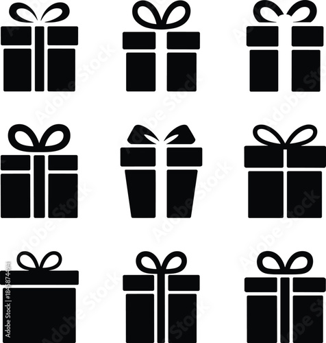A collection of black silhouette gift box icons in a grid pattern