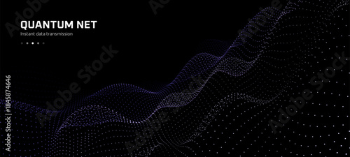 Quantum net data transmission. Technology vector background with dynamic purple wave of particles. Abstract digital connection for futuristic design.