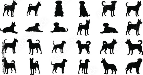 Collection of twenty black dog silhouettes in various poses, breeds, body shapes, tail positions, ear types, minimalistic design illustration