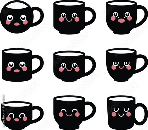 A collection of cute black mugs with different facial expressions in a kawaii style