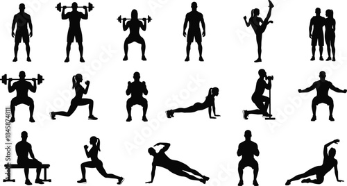 Black silhouettes of men and women performing fitness exercises, weightlifting, stretching, squats, lunges, push-ups, planks, gym workout illustration