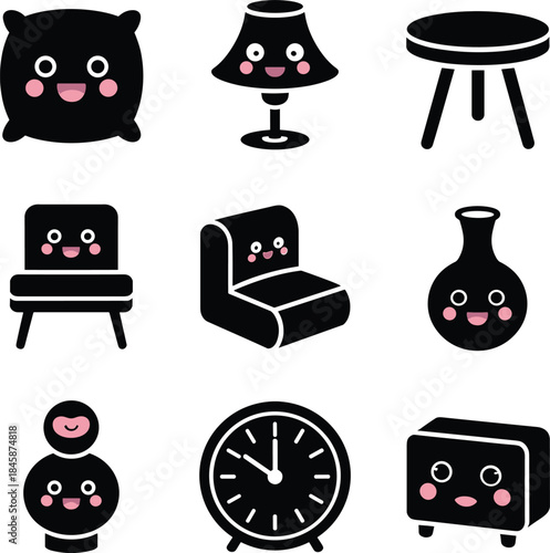 A collection of cute black icons representing home furniture and decor items with kawaii faces