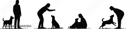 Black and white silhouettes of person training dog in multiple poses, bonding, communication, obedience, playful interaction, minimalistic design illustration