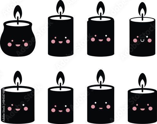 A collection of cute cartoon black candles with simple smiling faces and lit flames