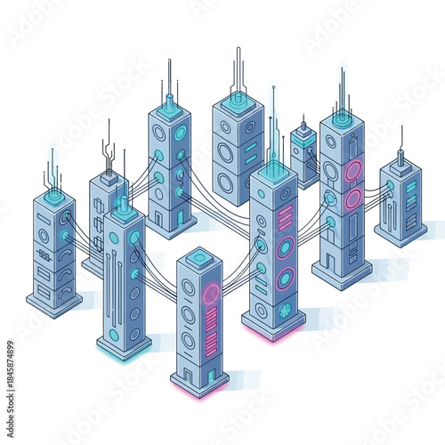 Futuristic Cityscape with Connected High-Tech Towers and Neon Accents in Isometric View