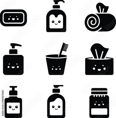 A collection of cute kawaii style icons for bathroom hygiene and personal care products