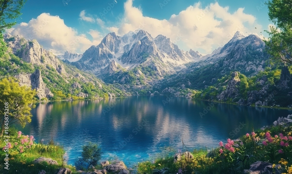 Fototapeta premium Scenic mountain landscape with a clear blue lake reflecting the surrounding peaks, soft natural light creating a serene vibe