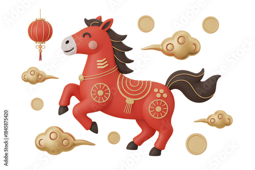 Playful 3d cartoon horse in bright red, decorated for the chinese new year celebration of the year of the horse, symbolizing energy