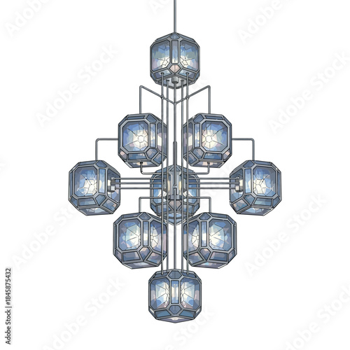 Modern Geometric Crystal Chandelier with Square Lanterns and Blue Ambient Glow