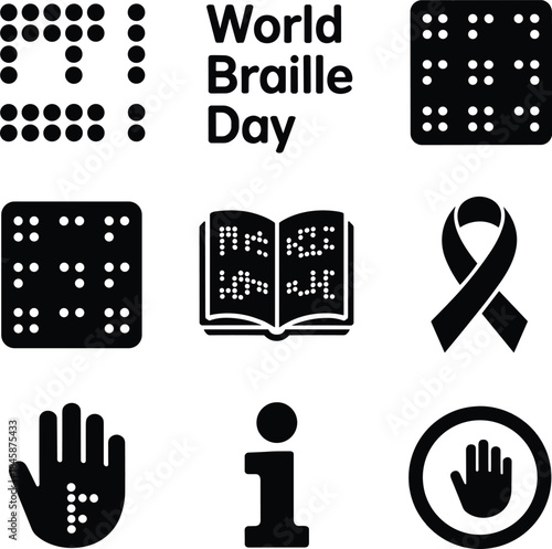 A collection of black icons representing braille communication and accessibility for world braille day