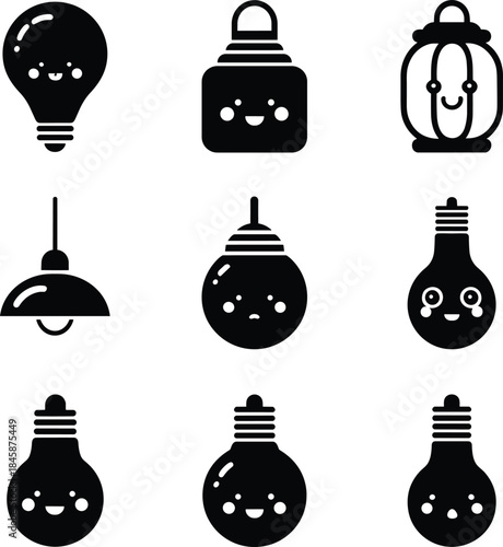 A collection of cute light source icons featuring light bulbs, lanterns, and hanging lamps