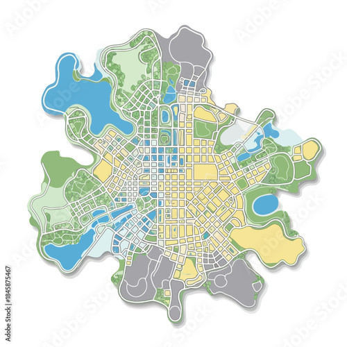 Stylized vector art depicting a complex metropolitan area with intricate road networks, expansive green parks, and serene water bodies, showcasing modern urban planning and design