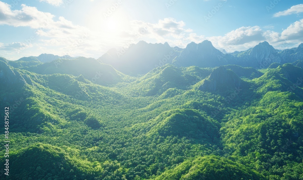 Fototapeta premium Scenic mountain range with lush green forests under a bright blue sky, sunlight illuminating the peaks and creating contrast