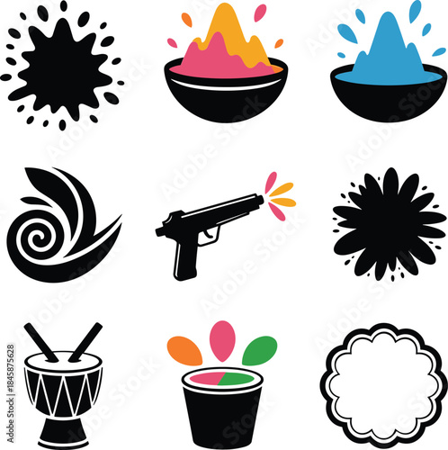 A collection of holi festival related icons, including colors, water gun, and drum