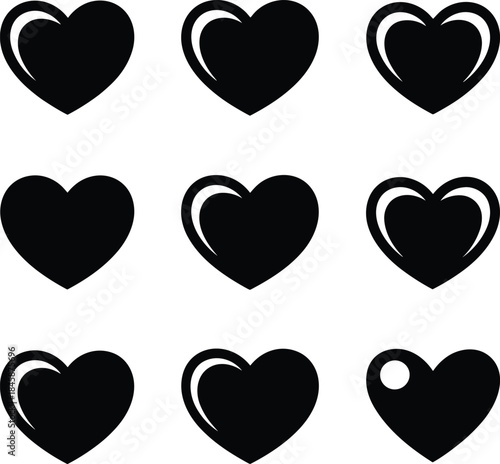 A collection of nine black heart icons in various styles for ui design
