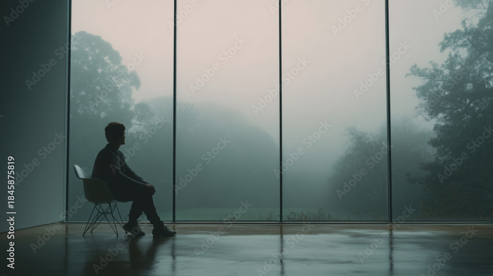 Fototapeta premium minimalist photo of person sitting by huge window looking at foggy nature