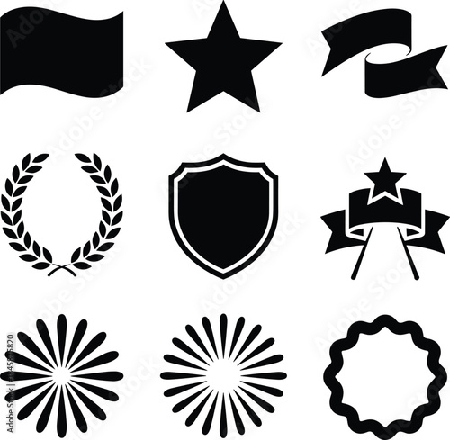 A collection of nine black silhouette icons representing emblems and decorative elements