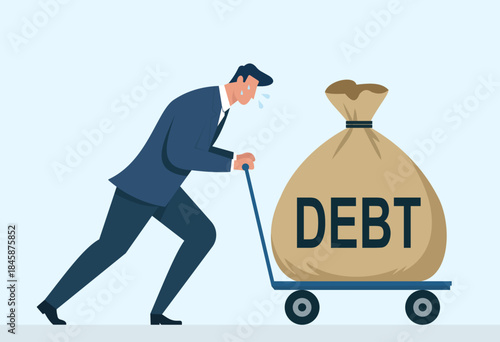 Stressed businessman pushing a huge debt bag on a cart, symbolizing financial burden, loan pressure and money stress, Financial burden, Debt pressure, Overworked businessman, Economic struggle