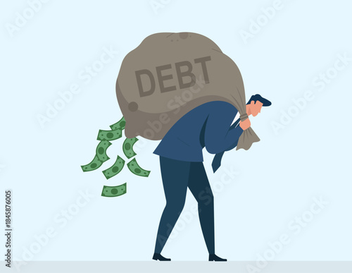 Man carrying heavy sack of debt with money falling out, symbolizing financial burden, overspending, stress, and loss in a flat vector illustration, Financial Burden of Debt