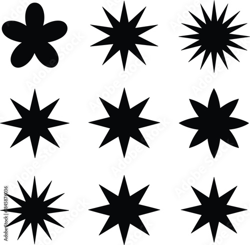 A collection of various black star and geometric flower shapes on a white background