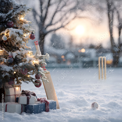 Wallpaper Mural Christmas tree closeup with gifts on snowy cricket field with cricket bat, ball and wickets lying in the snow. Concept of resting cricket sport during Christmas time. Torontodigital.ca