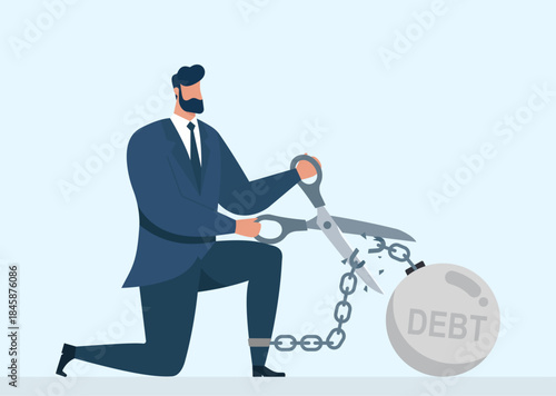 Businessman cutting debt chain with scissors, breaking financial shackles and achieving freedom from money burden, Debt Freedom, Breaking Financial Chains, Businessman Cutting Debt Ball