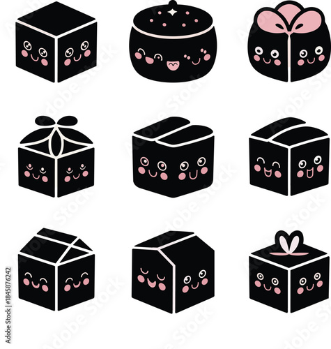 A delightful collection of black kawaii-style gift boxes and containers with cute faces