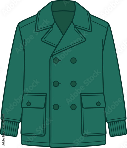 Green pea coat, double-breasted buttons, notched lapel, flap pockets, ribbed cuffs, cold weather fashion, flat vector illustration
