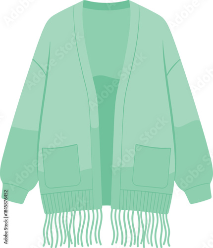Mint green cardigan, fringe hem, front pockets, cozy knitwear, casual winter fashion, soft layering piece, flat vector illustration